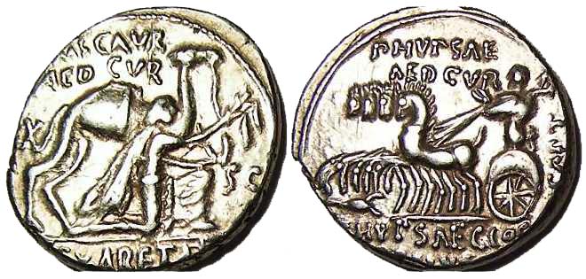 3565 Republica Romana M Aemilius Scaurus & P. Plautius Hypsaeus Denarius AR