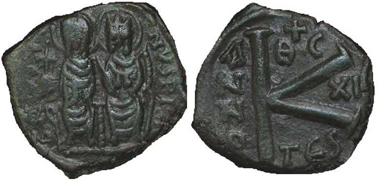 2888 Iustinus II Thessalonica 20 Nummi AE