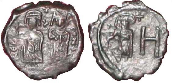 1398 Byzantium Maurice Tiberius Cherson 8 Pentanummi AE