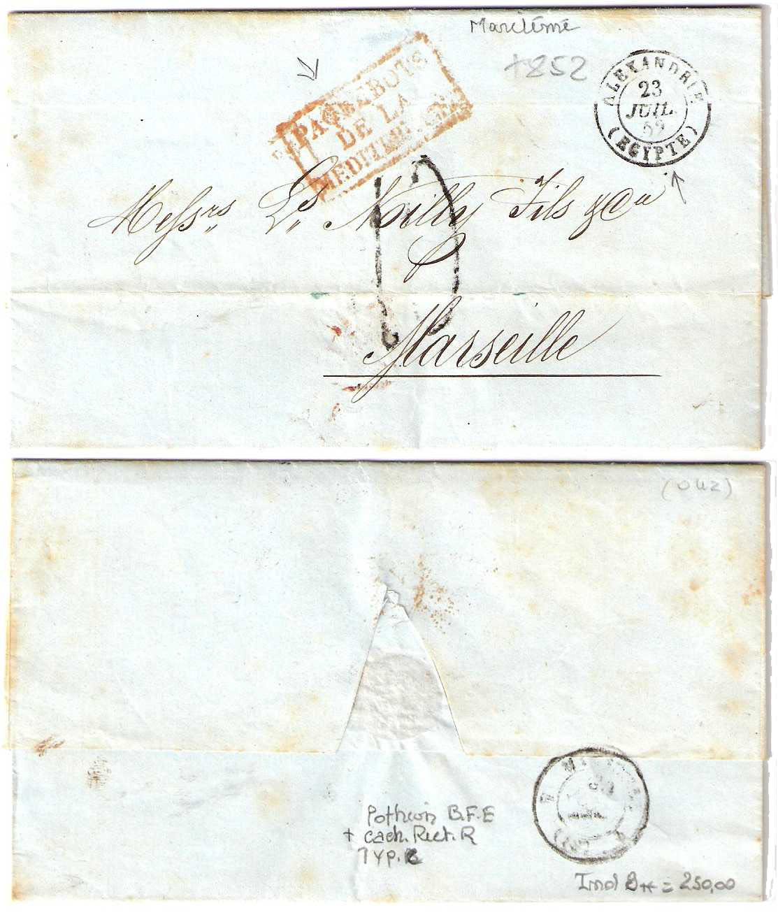 23.7.1852 Alexandria Bureau Francais Prephilatelic Letter