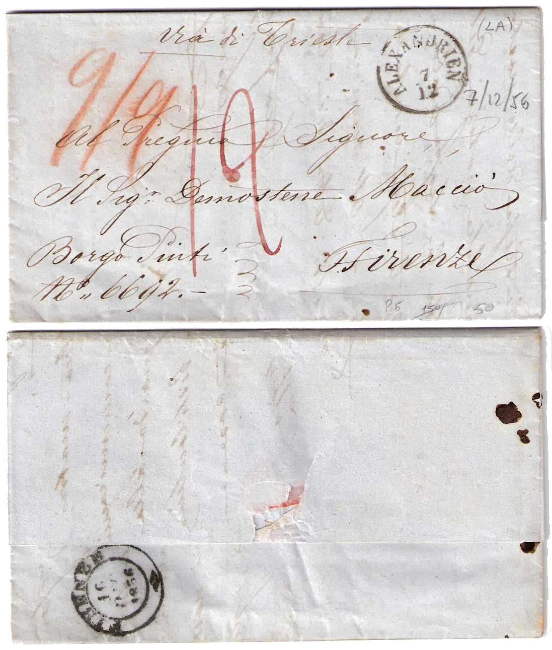 7.12.1856 Alexandria Austrian Post Office Prephilatelic Letter to Firenze