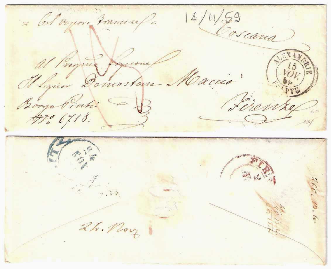 15.11.1859 Alexandria Bureau Francais Prephilatelic Letter to Firenze