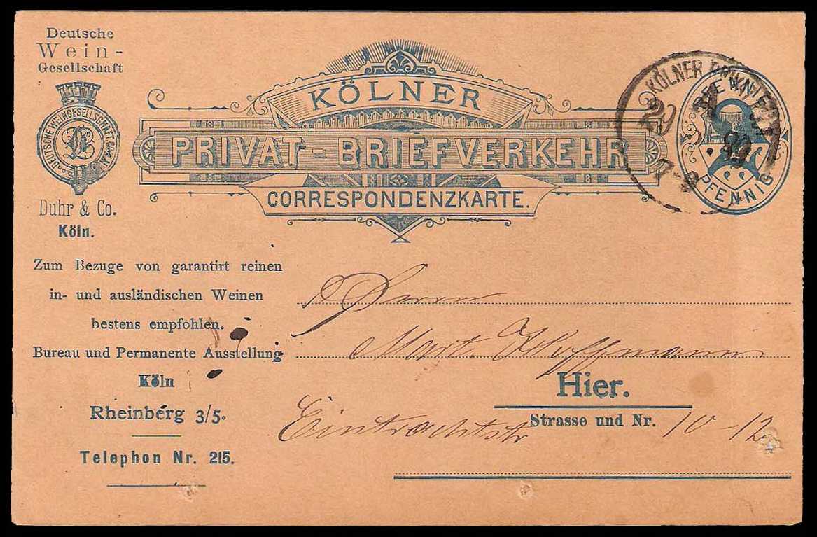 1888 Germany Private Mail Köln a.Rh. Mü B P 17