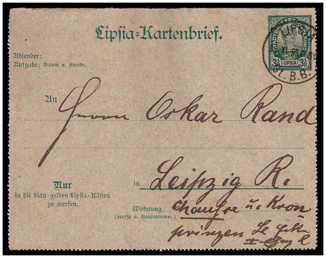 9.1893 Germany Private Mail Leipzig Mü F LC1