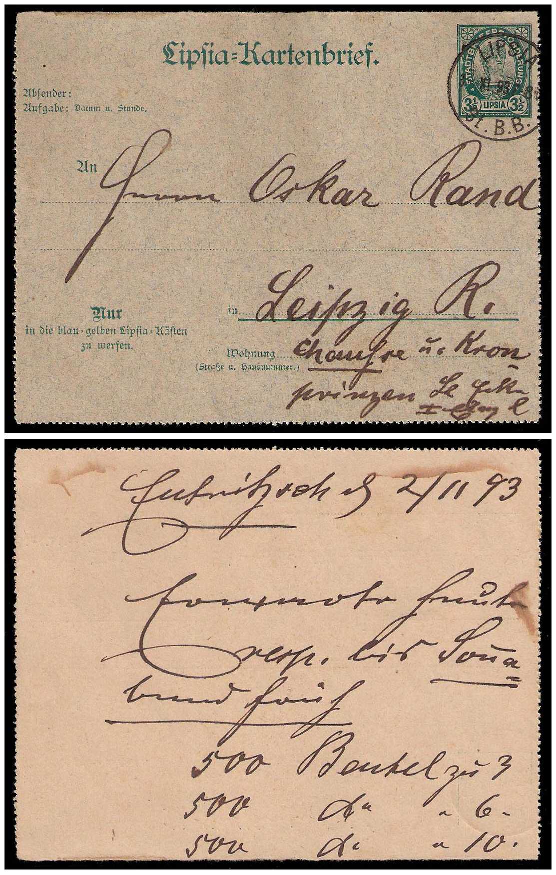 9.1893 Germany Private Mail Leipzig Mü F LC1 collection 01