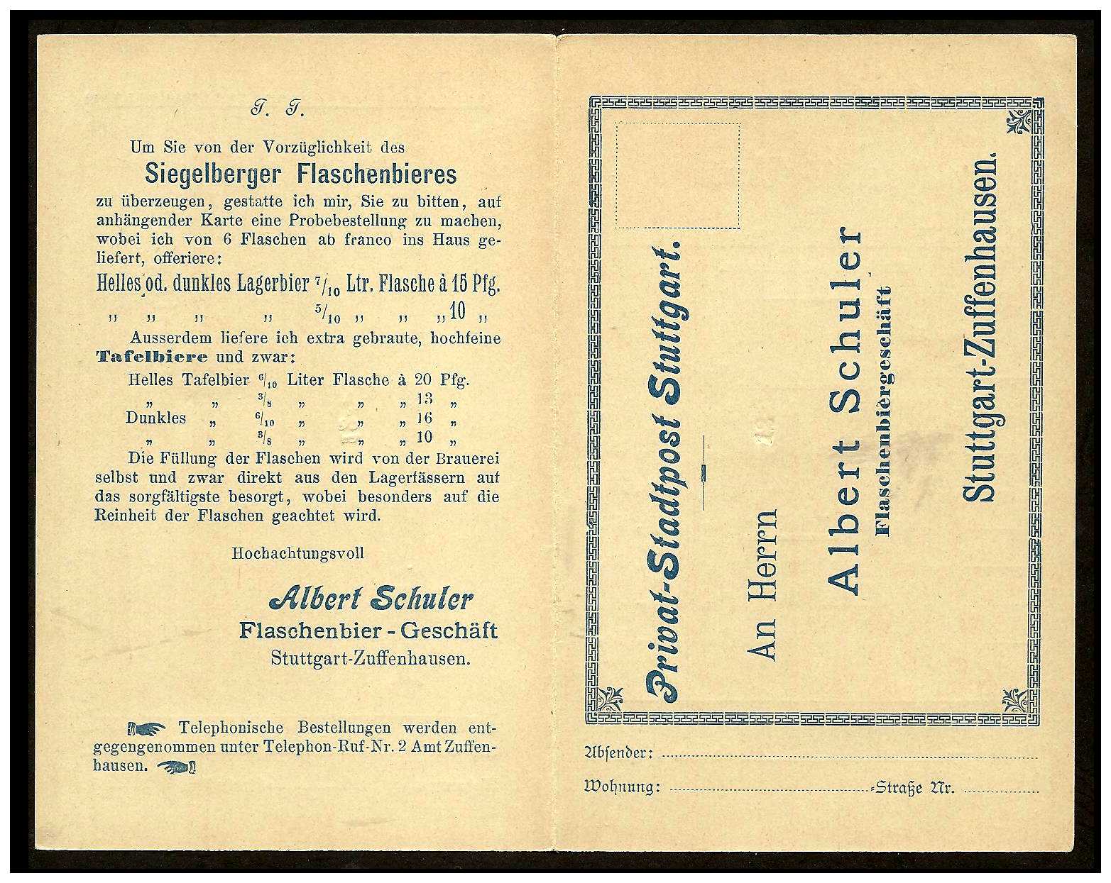 1896 Germany Private Mail Stuttgart  PC Jae 3.5.13 obv