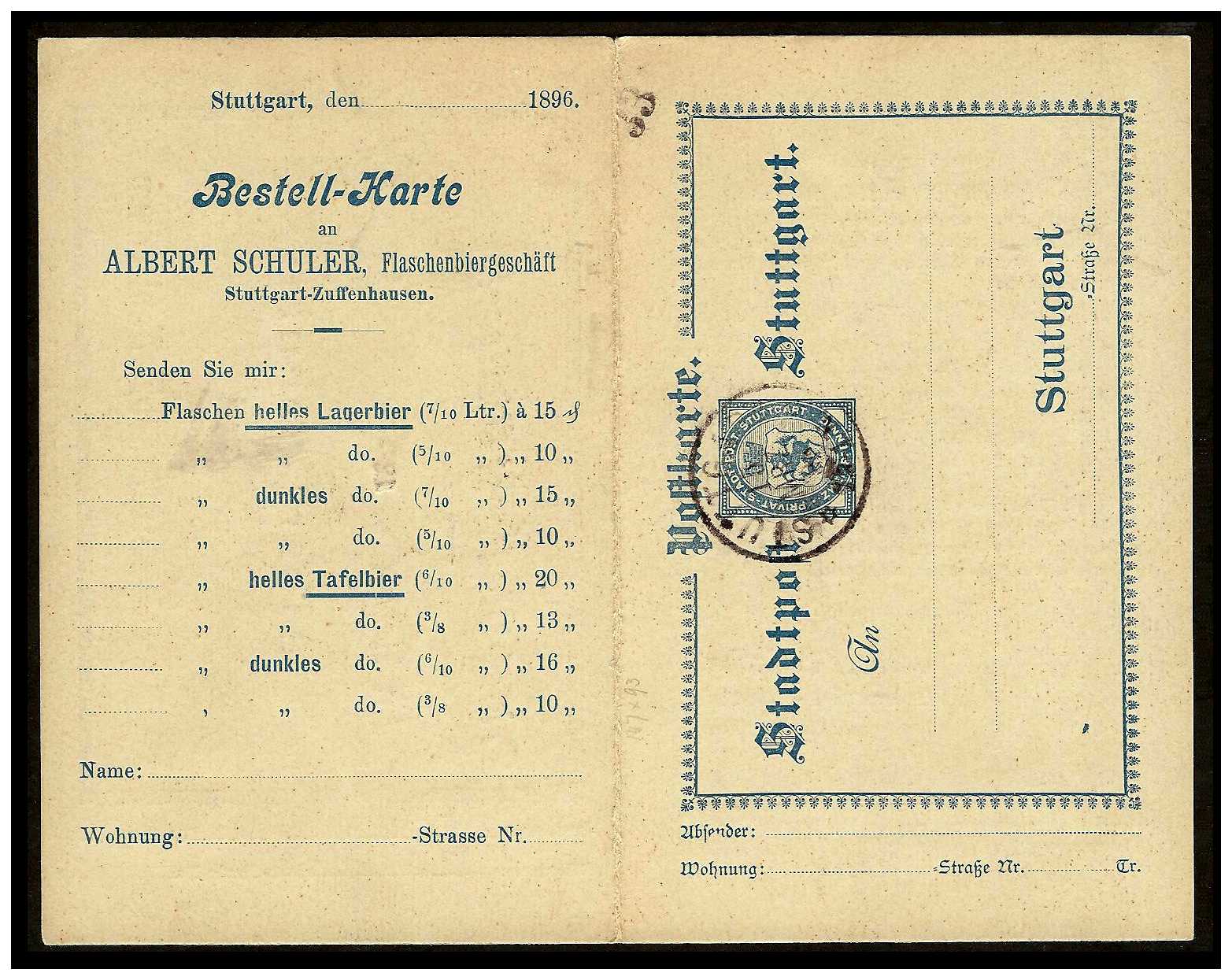 1896 Germany Private Mail Stuttgart  PC Jae 3.5.13 rev