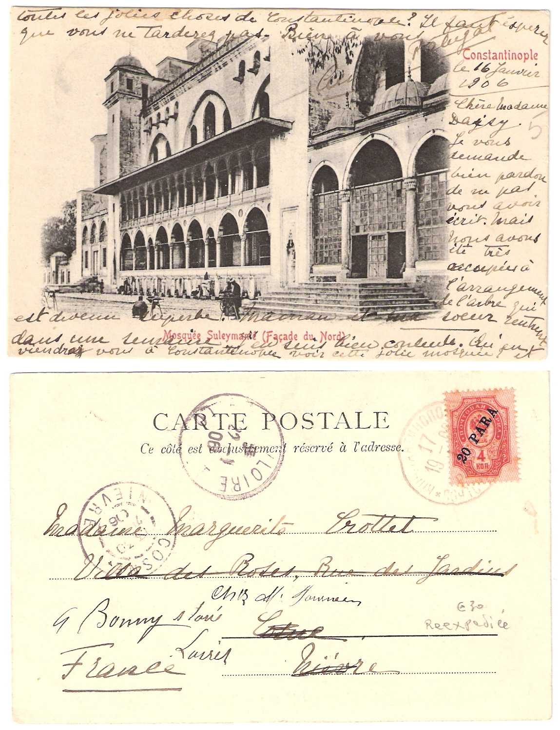 3.8.1900/1904 Russian Post Offices in the Ottoman Empire Mi 19/26 Constantinople 17.1.1906 Postcard