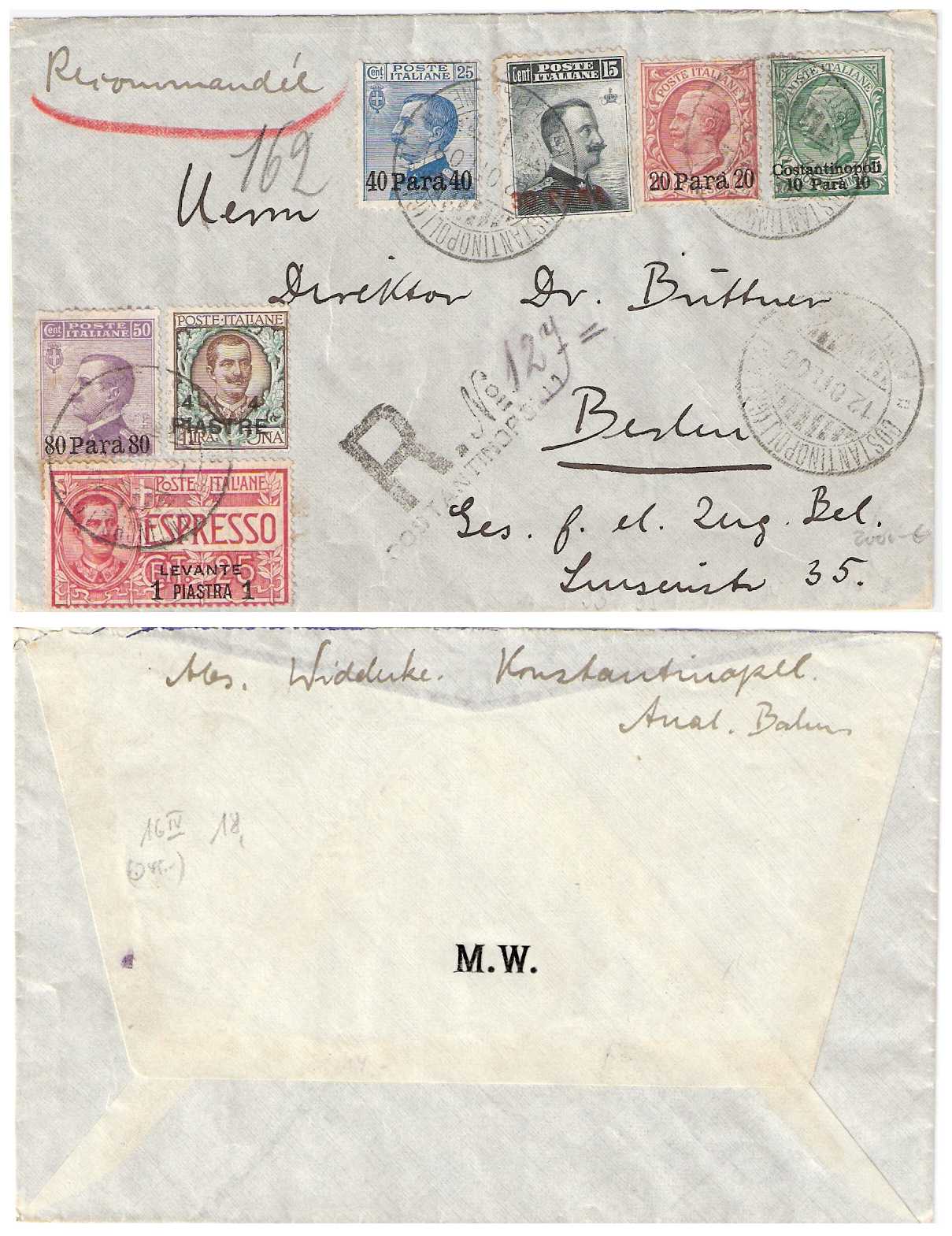 2.1909/1911 Italian Post Office Costantinopoli Cover 12.10.1908