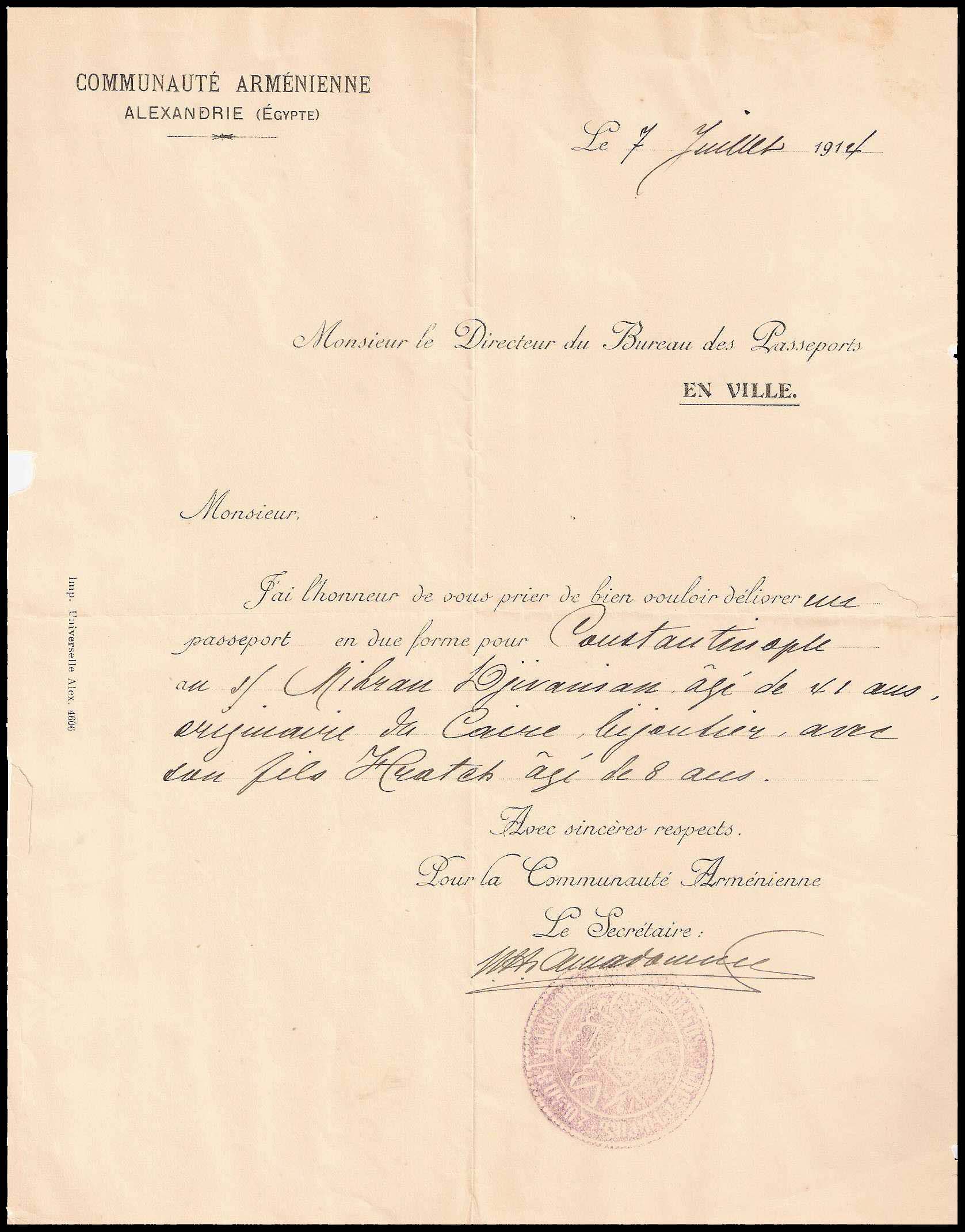 7.7.1914 Armenian Community in Alexandria, Egypt - Application for a pass to Constantinople