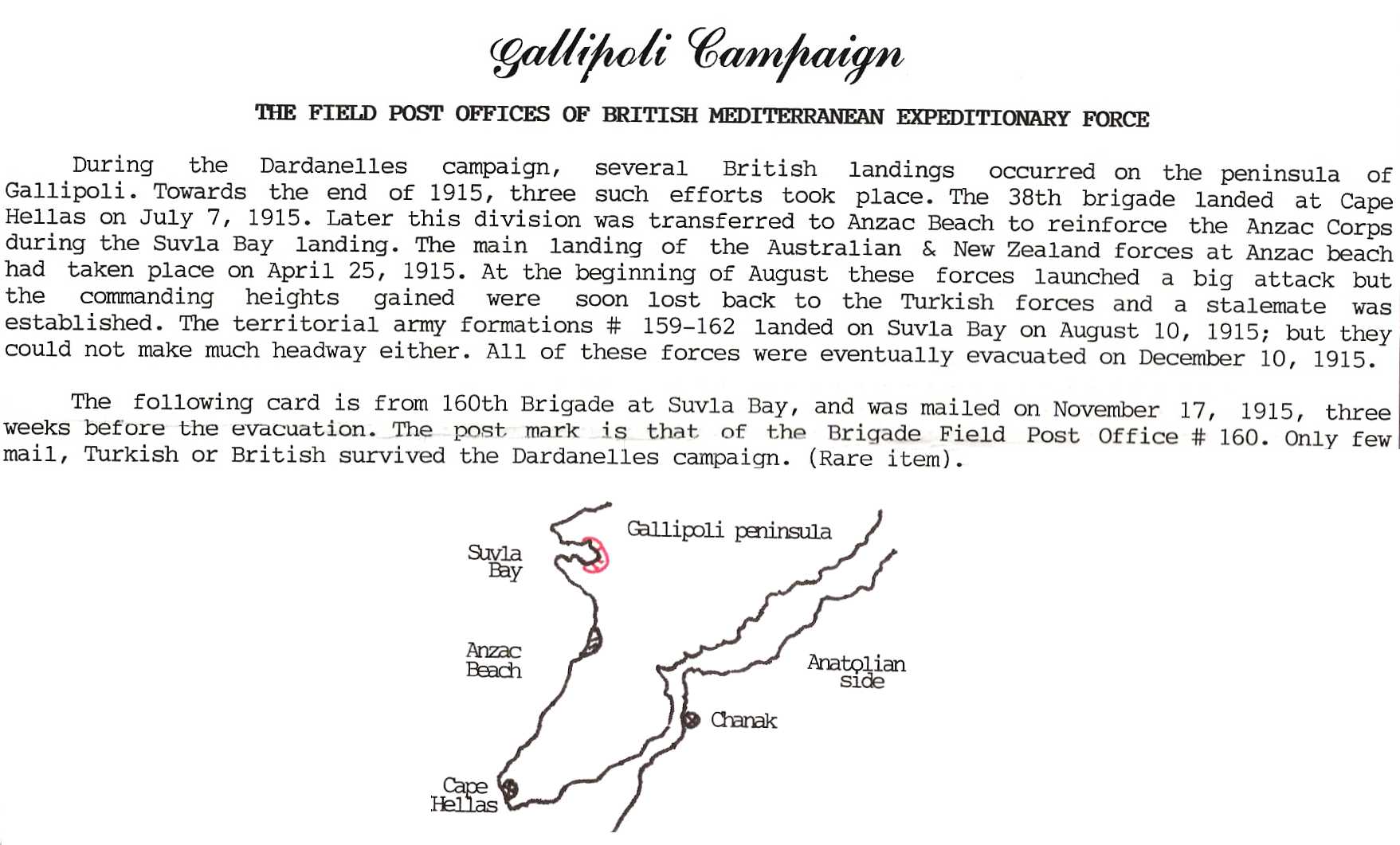 17.11.1915 Great Britain Miltary Mail Gallipoli Campaign Comment & Map