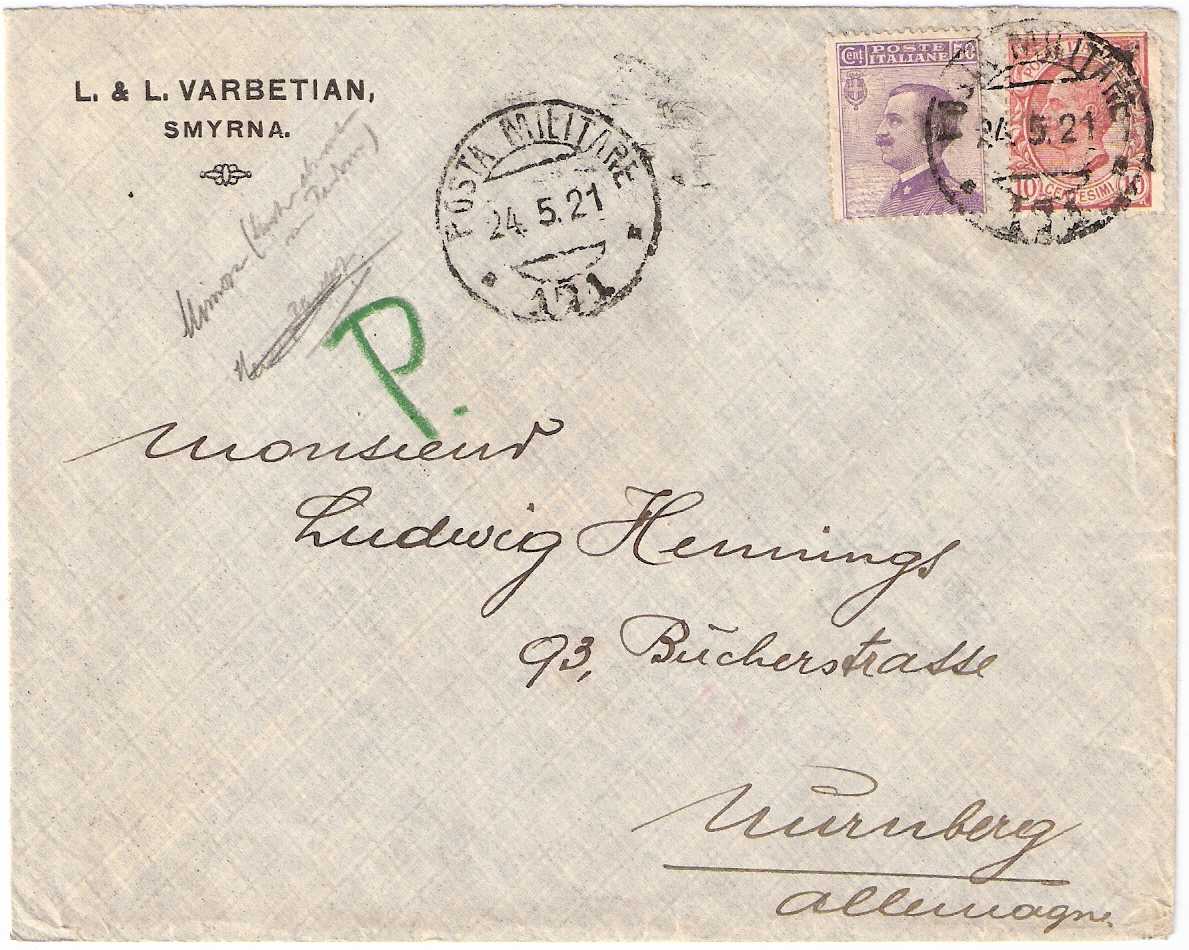 1921 05 24 Italia Posta Militare Cover Smyrna to Nürnberg