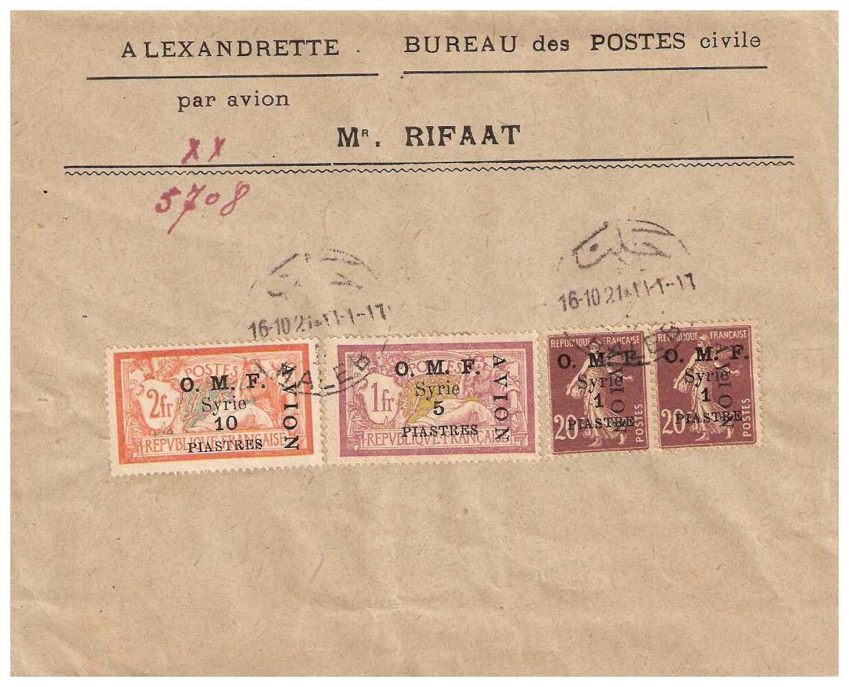 16.10.1921 Letter Mi 173/175 Occupation Francaise O.M.F. Avion