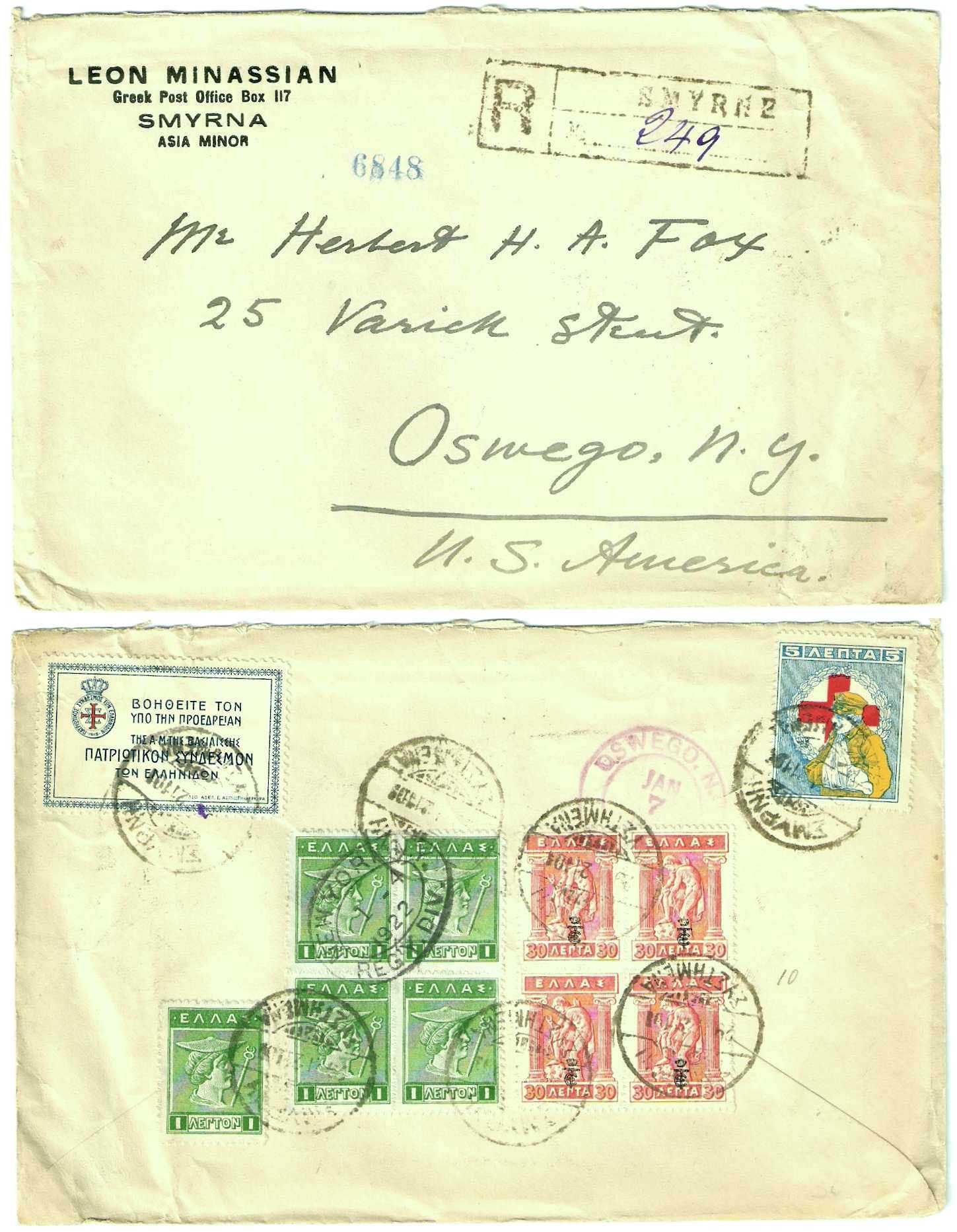 29.11.1921 Smyrne Greek Occupation registered cover with Greek stamps