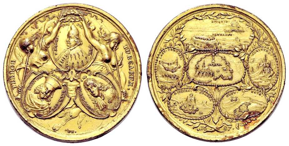 4588 Römisch-Deutsches Reich 1687 Victories over the Ottoman Empire in Morea Medal Gilded Bronze